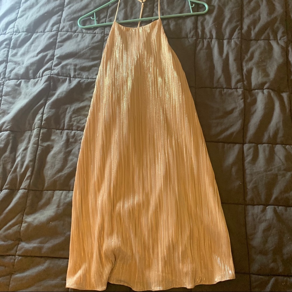 S LUSH SHIMMERY GOLDTONE SLIP MIDI DRESS